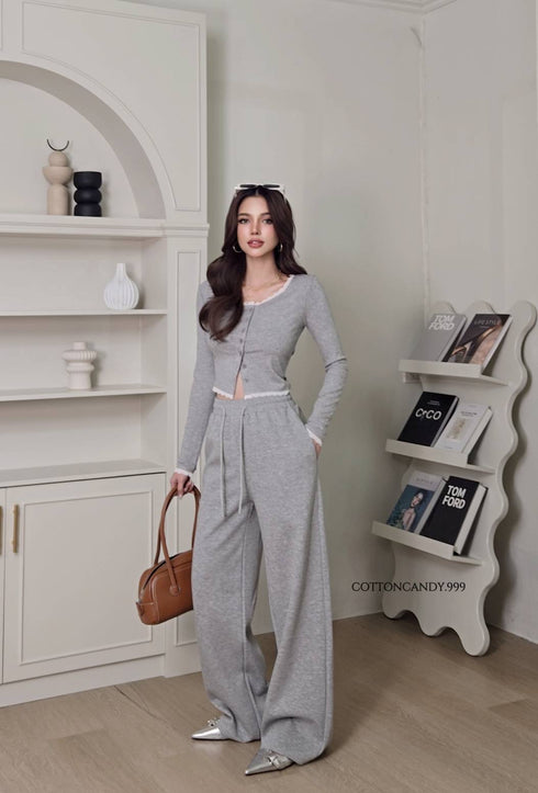 Casual Lace Detail Long Sleeves Blouse With Straight Cut Jogger Pant Sets